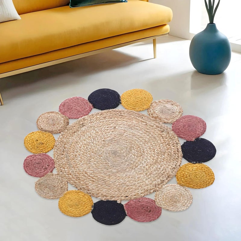 Kuber Industries Hand Woven Carpet Rugs|Natural Solid Braided Jute Door mat|Multicolor Circle Border for Bedroom,Living Room,Dining Room,Yoga,74x74 cm,(Brown) - Image 1
