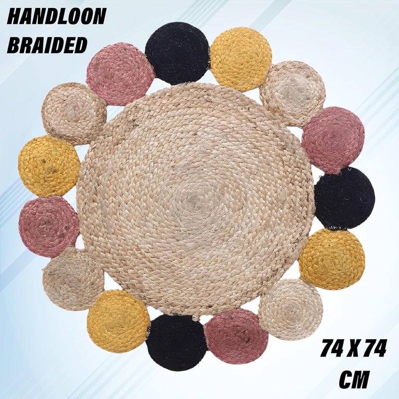 Kuber Industries Hand Woven Carpet Rugs|Natural Solid Braided Jute Door mat|Multicolor Circle Border for Bedroom,Living Room,Dining Room,Yoga,74x74 cm,(Brown) - Image 4