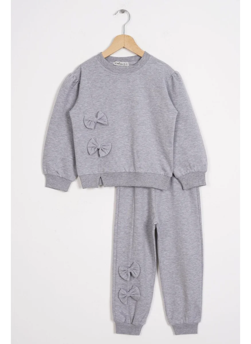 زيبكيدز Grey Melange Color Girl Tracksuit with Bow Front