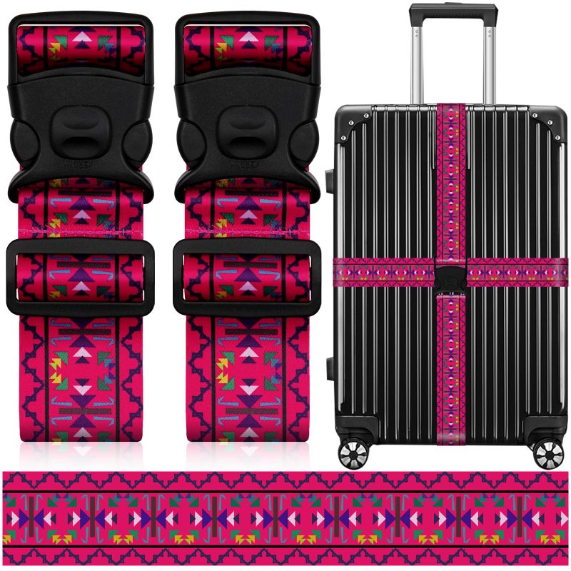 ZHOMA 2 Pack Luggage Straps for Suitcases, Adjustable Travel Belt with Double Lock and Quick Release Buckle, Heavy Duty Nylon Bag Packing Strap, Bright Identifiers Business Travel Accessories-Pink Totem - Image 1