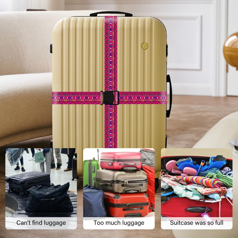 ZHOMA 2 Pack Luggage Straps for Suitcases, Adjustable Travel Belt with Double Lock and Quick Release Buckle, Heavy Duty Nylon Bag Packing Strap, Bright Identifiers Business Travel Accessories-Pink Totem - Image 5