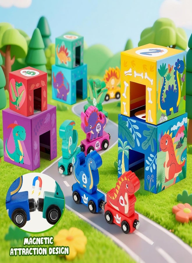Toyssa Wooden Dinosaur Sorting and Stacking Toys for Toddler 1-3, Number Blocks Nesting Boxes with Magnetic Animals Train Set, Preschool Learning Montessori Toys for 1 2 3 Year Old Boys Girls Gift - Image 3