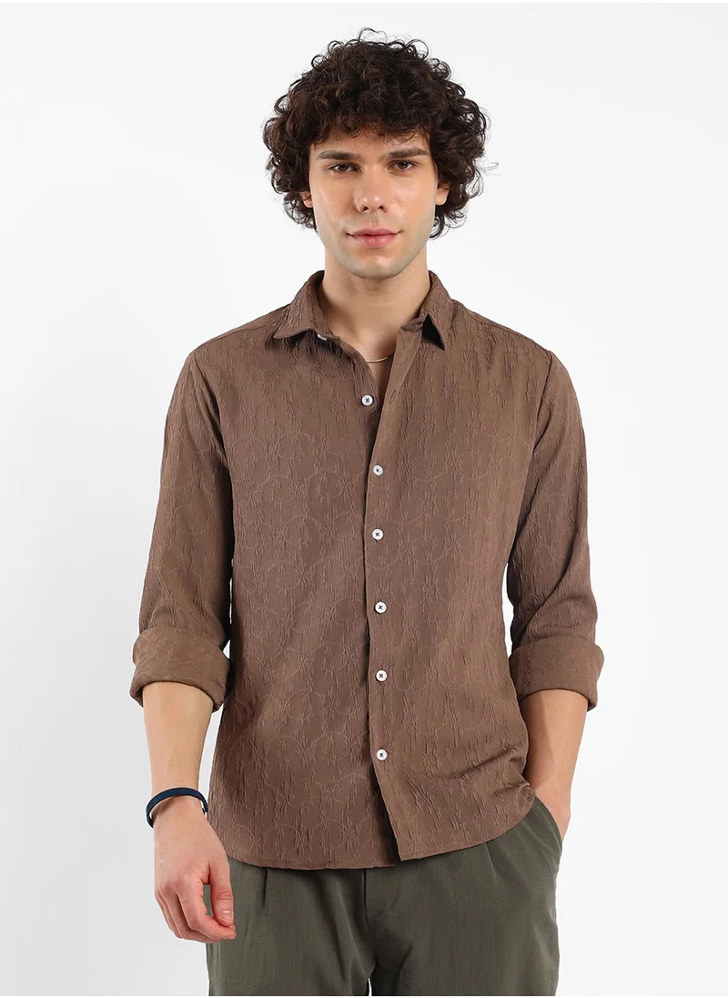 Campus Sutra Men's Mocha Brown Floral-Textured Shirt