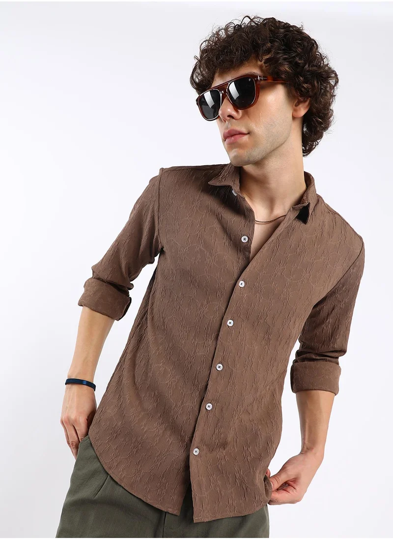 Campus Sutra Men's Mocha Brown Floral-Textured Shirt
