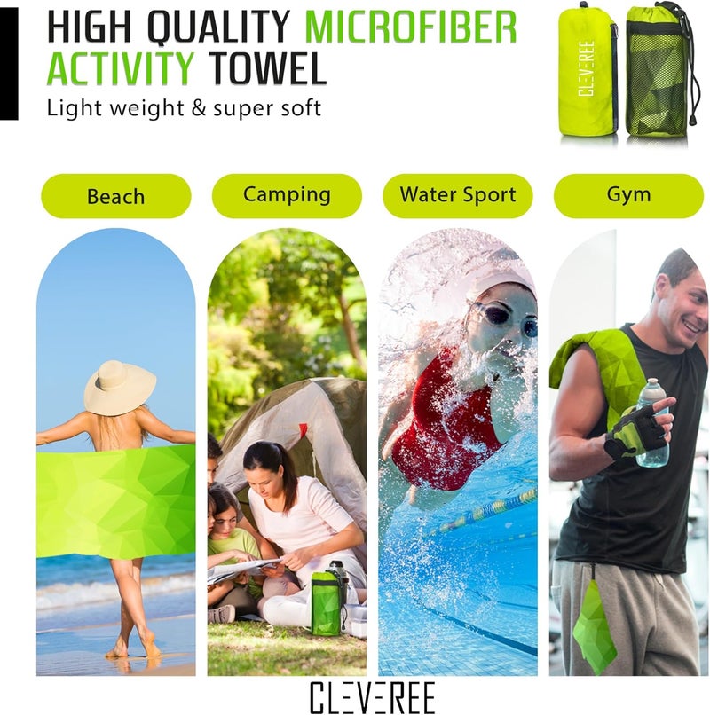 CLEVEREE Beach and Gym Towel for Men Women - Microfiber Swimming Pool Towel - Fast-Drying With Carry Bag - Extra Large 150x90 cm and 50x25 cm (Green Neon) - Image 4