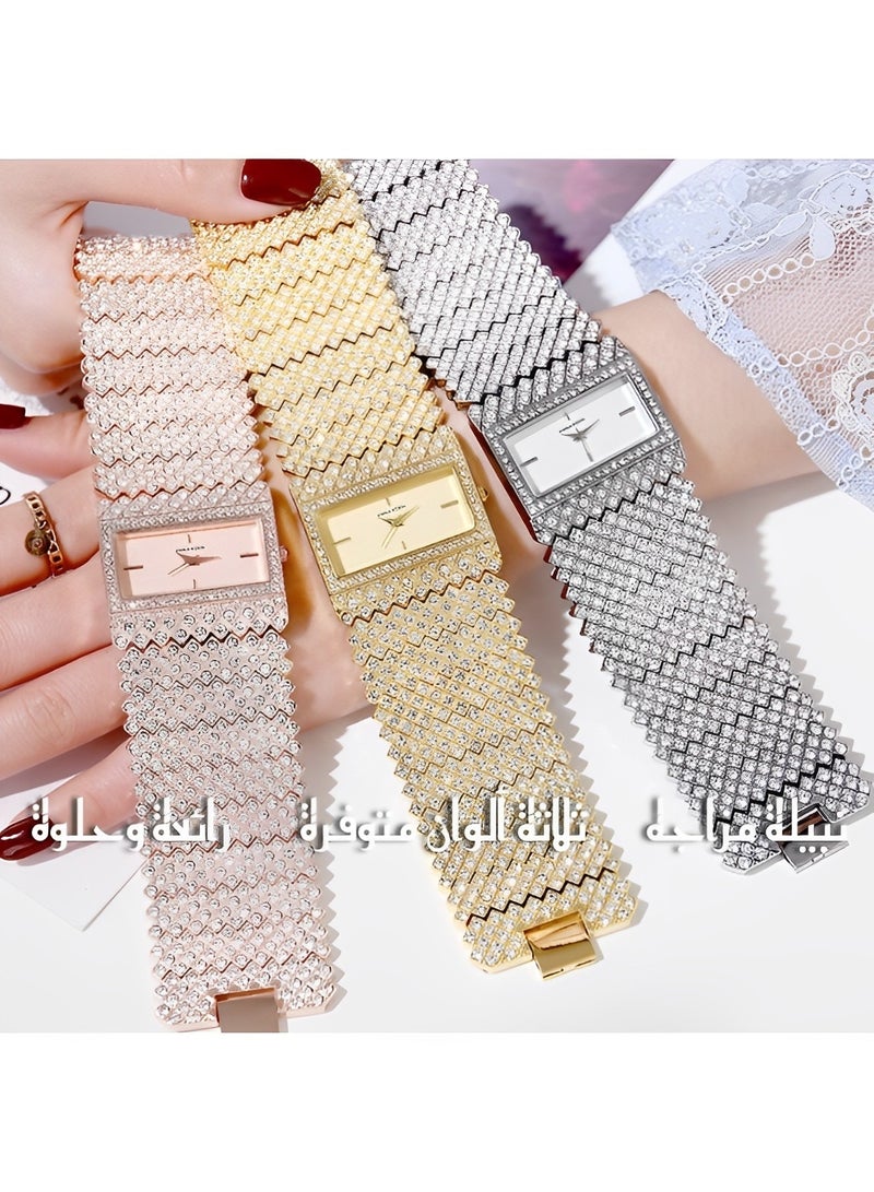 REOCLE Women's Quartz Watches with Square Dial & Diamond Plated Cuban Link Strape Iced Out Watch Fashion Bracelet Wrist Watch  - Image 2