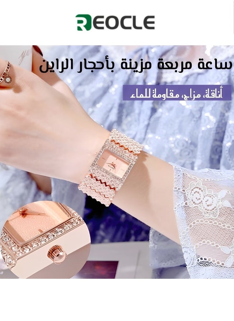 REOCLE Women's Quartz Watches with Square Dial & Diamond Plated Cuban Link Strape Iced Out Watch Fashion Bracelet Wrist Watch  - Image 1