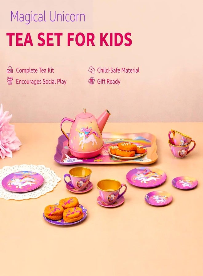 VGRASSP 14 Pcs Unicorn Theme Mini Metal Tea Party Set Toy for Kids - Pretend Play Teapot, Cups, Saucer, Plates and Tray Gift Set - Color As Per Stock - Image 5