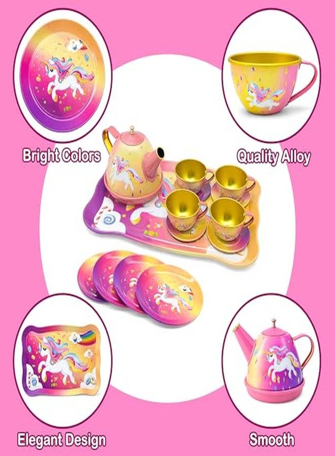 VGRASSP 14 Pcs Unicorn Theme Mini Metal Tea Party Set Toy for Kids - Pretend Play Teapot, Cups, Saucer, Plates and Tray Gift Set - Color As Per Stock - Image 4