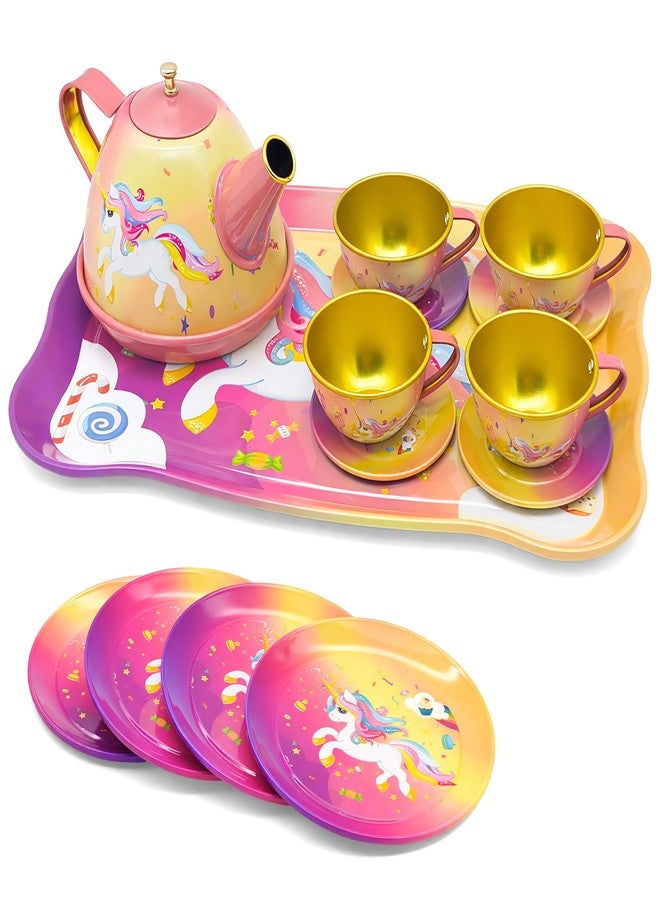 VGRASSP 14 Pcs Unicorn Theme Mini Metal Tea Party Set Toy for Kids - Pretend Play Teapot, Cups, Saucer, Plates and Tray Gift Set - Color As Per Stock - Image 1