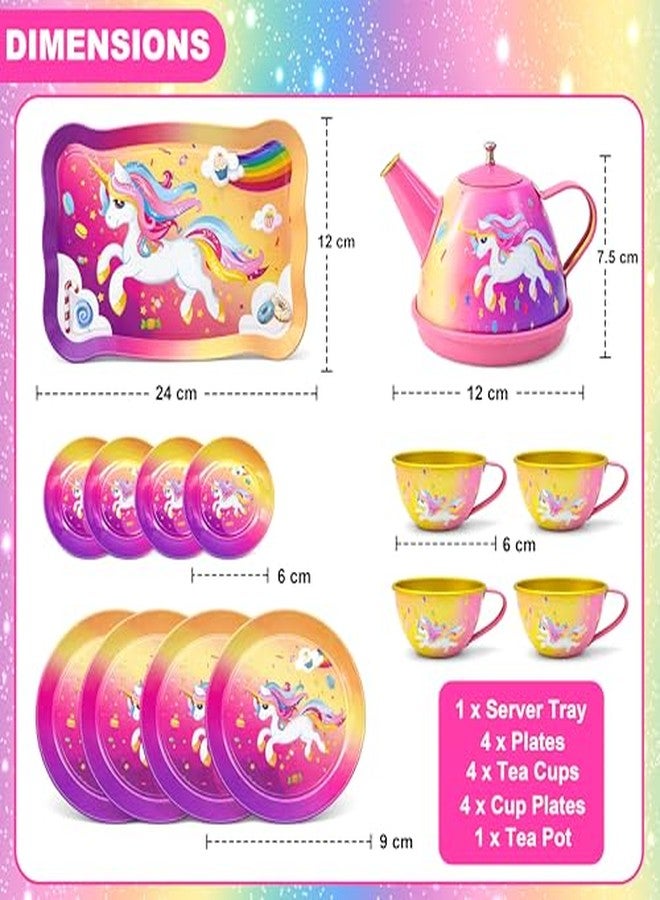 VGRASSP 14 Pcs Unicorn Theme Mini Metal Tea Party Set Toy for Kids - Pretend Play Teapot, Cups, Saucer, Plates and Tray Gift Set - Color As Per Stock - Image 3
