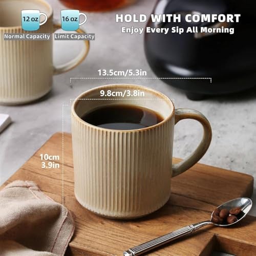 MONITO مجموعة أكواب القهوة MONITO سعة 16 أونصة، أكواب قهوة سيراميك ريفية مع مقبض كبير، أكواب قهوة حجرية مخططة عتيقة للقهوة، الكاكاو، الشاي، الحليب، آمنة للاستخدام في الميكروويف وغسالة الصحون، بيج بونبون - Image 2