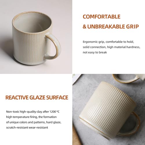 MONITO مجموعة أكواب القهوة MONITO سعة 16 أونصة، أكواب قهوة سيراميك ريفية مع مقبض كبير، أكواب قهوة حجرية مخططة عتيقة للقهوة، الكاكاو، الشاي، الحليب، آمنة للاستخدام في الميكروويف وغسالة الصحون، بيج بونبون - Image 5