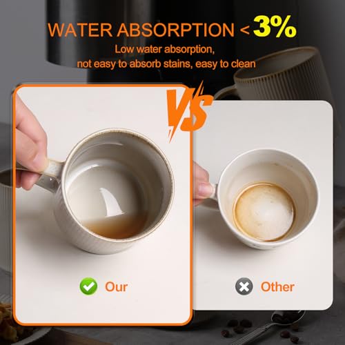 MONITO مجموعة أكواب القهوة MONITO سعة 16 أونصة، أكواب قهوة سيراميك ريفية مع مقبض كبير، أكواب قهوة حجرية مخططة عتيقة للقهوة، الكاكاو، الشاي، الحليب، آمنة للاستخدام في الميكروويف وغسالة الصحون، بيج بونبون - Image 4