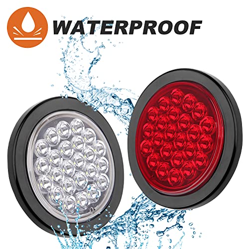 Partswcgg 6Pcs 4 Inch Round LED Trailer Tail Lights Kit - 4 Round Led Stop Turn Brake Tail Backup Reverse Lights 24 LED Include Light Grommets 3 Prong Wire Pigtails Plug for Truck Trailer RV(4 Red + 2 White) - Image 5