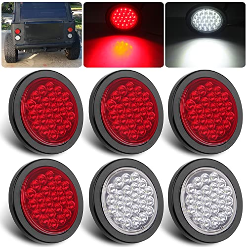 Partswcgg 6Pcs 4 Inch Round LED Trailer Tail Lights Kit - 4 Round Led Stop Turn Brake Tail Backup Reverse Lights 24 LED Include Light Grommets 3 Prong Wire Pigtails Plug for Truck Trailer RV(4 Red + 2 White) - Image 1