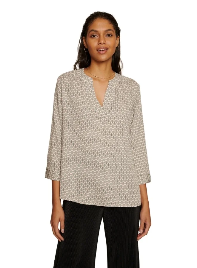 ZABAIONE Geometric Print Split Neck Blouse - Beige and Blue
