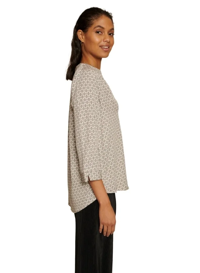 ZABAIONE Geometric Print Split Neck Blouse - Beige and Blue