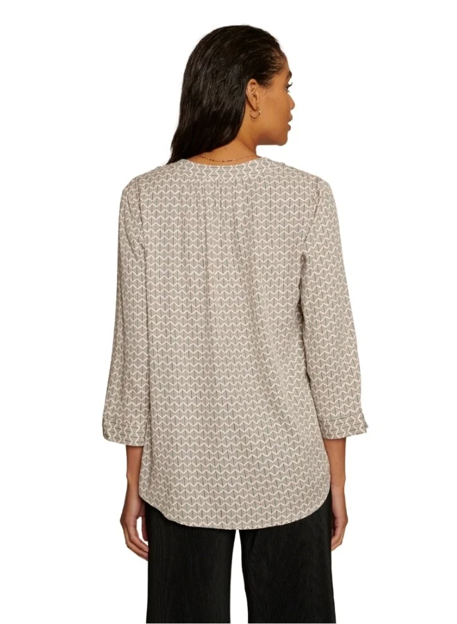 ZABAIONE Geometric Print Split Neck Blouse - Beige and Blue
