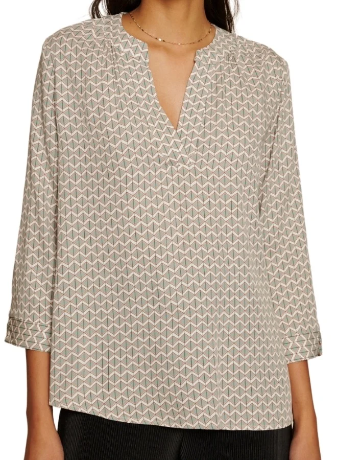 ZABAIONE Geometric Print Split Neck Blouse - Beige and Blue