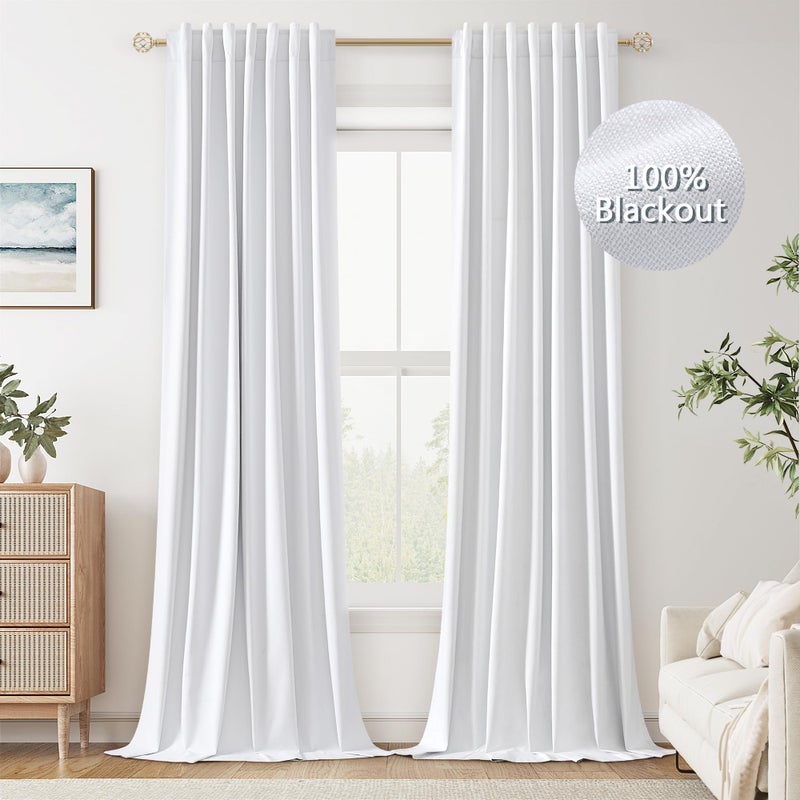 Guken White Linen Blackout Curtains 108 Inch Length 2 Panels Set for Living Room Bedroom Back Tab Thermal Insulated 100% Black Out Linen Drapes Room Darkening Window Curtains 108 Inches Long White - Image 1