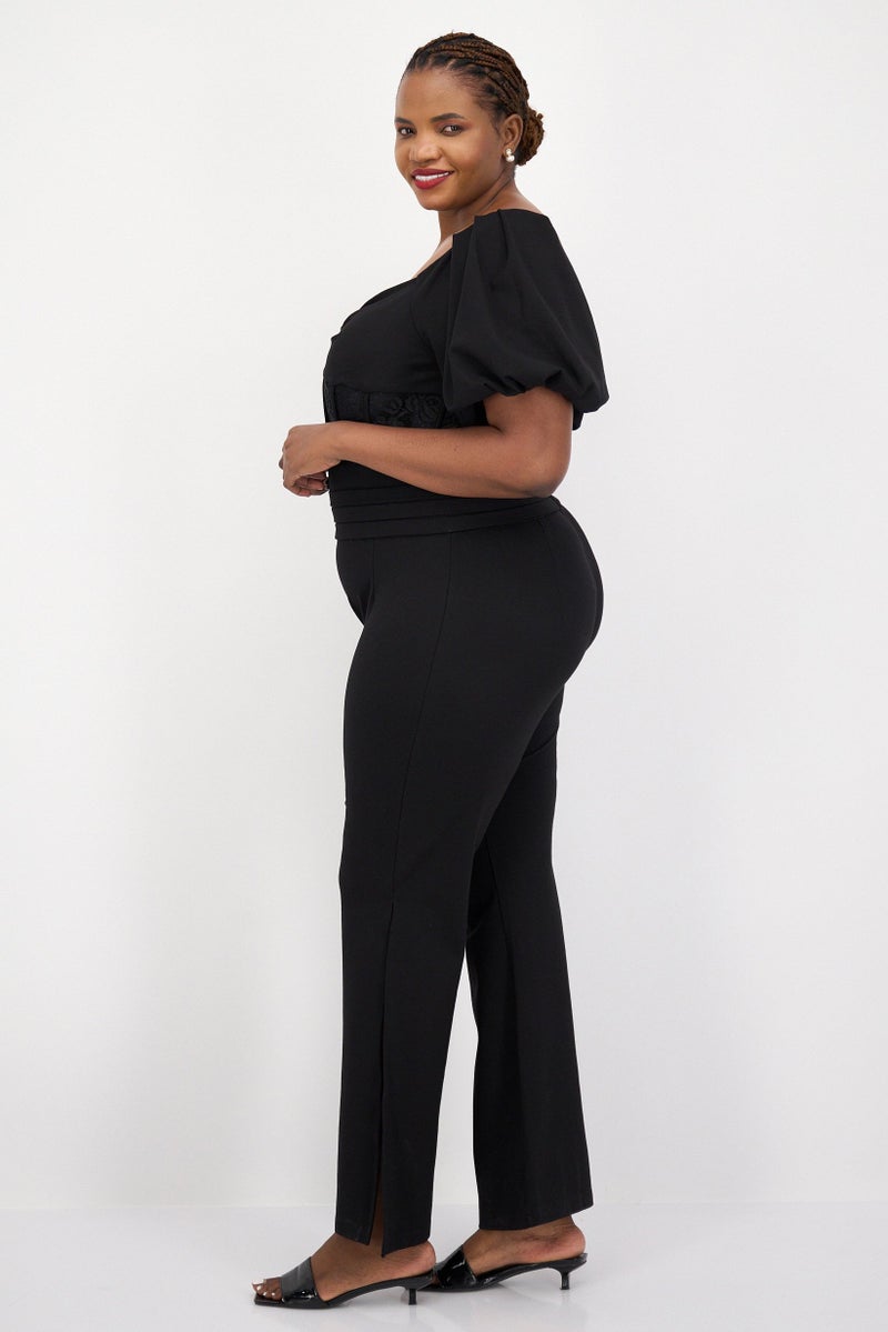 Yaura Women Plus Size Textured Lace Puffed Sleeve Jumpsuit, Black - Image 3