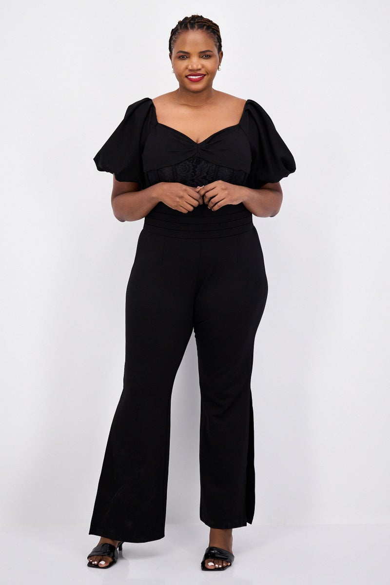 Yaura Women Plus Size Textured Lace Puffed Sleeve Jumpsuit, Black - Image 1