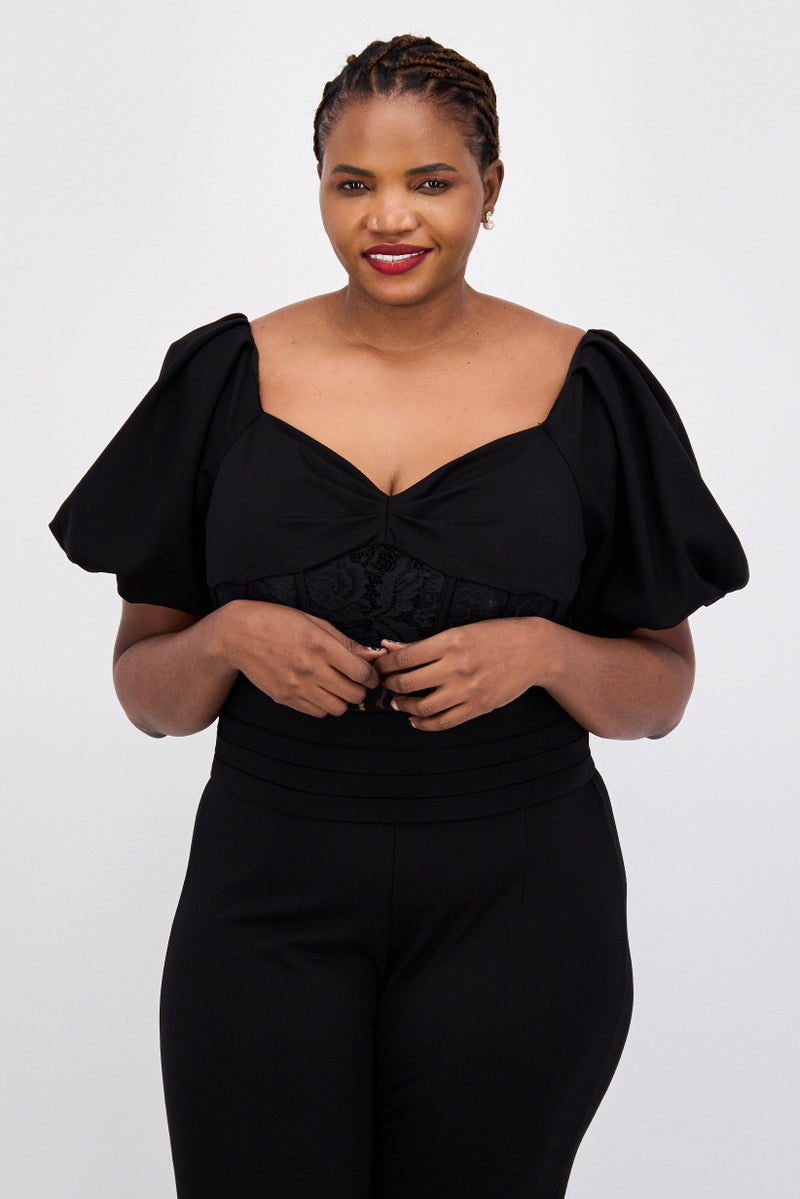 Yaura Women Plus Size Textured Lace Puffed Sleeve Jumpsuit, Black - Image 2