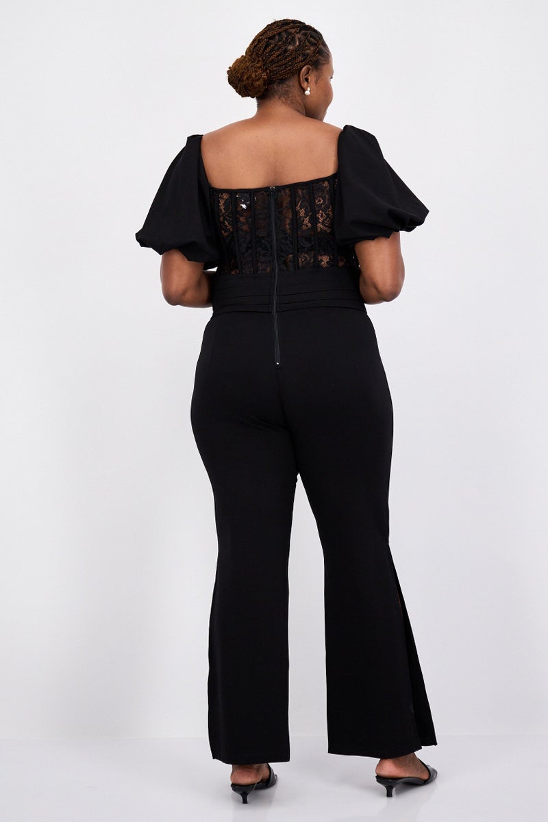 Yaura Women Plus Size Textured Lace Puffed Sleeve Jumpsuit, Black - Image 4