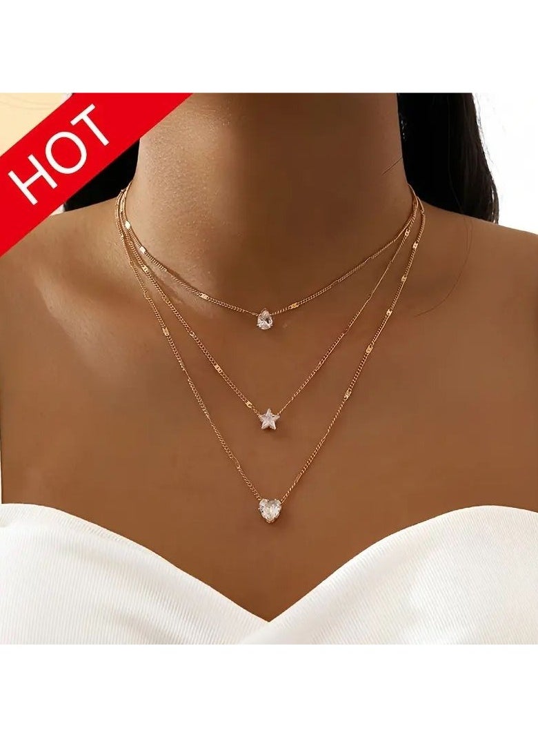 Goolsky Crystal Zirconia Heart Star Charm Layered Pendant Necklace Set for Women Charms Fashion Square Rhinestone Female Vintage Jewelry  - Image 1