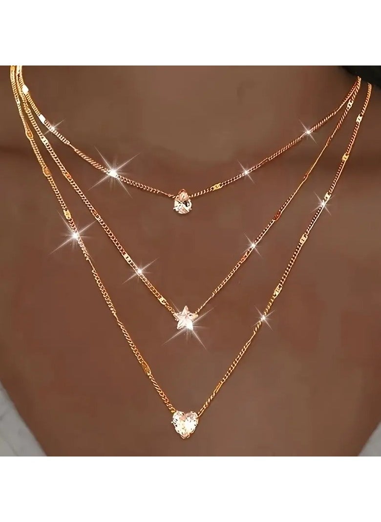 Goolsky Crystal Zirconia Heart Star Charm Layered Pendant Necklace Set for Women Charms Fashion Square Rhinestone Female Vintage Jewelry  - Image 3