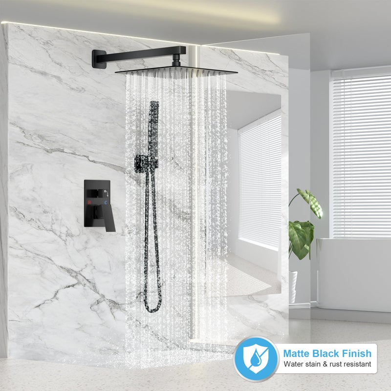 FPXRNG Black Shower Faucet Set, Rainfall Shower System with Square Shower Head and Handle Set, Wall Mounted Shower Fixtures, Full Metal Trim Repair Kit 12 inch Matte Black (With Shower Valve) - Image 2