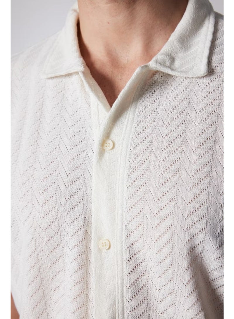 Tudors Slim Fit Slim Fit Short Sleeve Breathable Knitted Texture Dobby Patterned Summer White Men's Shirt - Image 5
