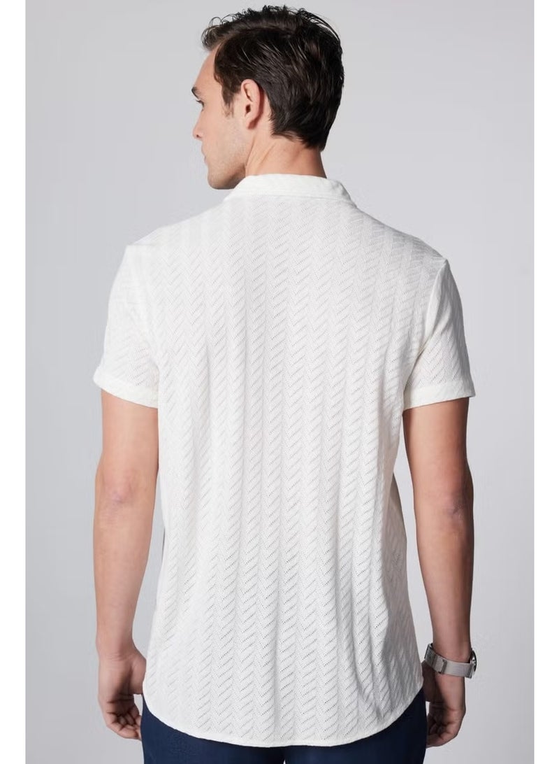 Tudors Slim Fit Slim Fit Short Sleeve Breathable Knitted Texture Dobby Patterned Summer White Men's Shirt - Image 4