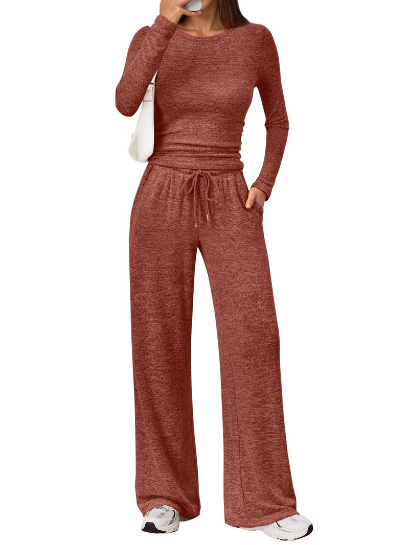 LILLUSORY Womens 2 Piece Matching Lounge Sets 2025 Fall Fashion Knit Sweater Airport Travel Vacation Outfits Gym Sweatsuits Caramel L - Image 1