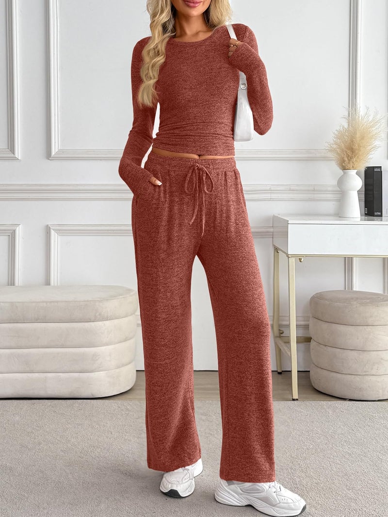 LILLUSORY Womens 2 Piece Matching Lounge Sets 2025 Fall Fashion Knit Sweater Airport Travel Vacation Outfits Gym Sweatsuits Caramel L - Image 2