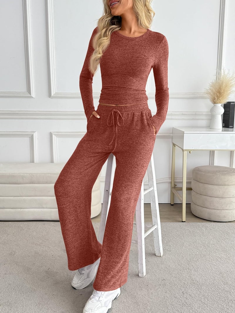LILLUSORY Womens 2 Piece Matching Lounge Sets 2025 Fall Fashion Knit Sweater Airport Travel Vacation Outfits Gym Sweatsuits Caramel L - Image 3