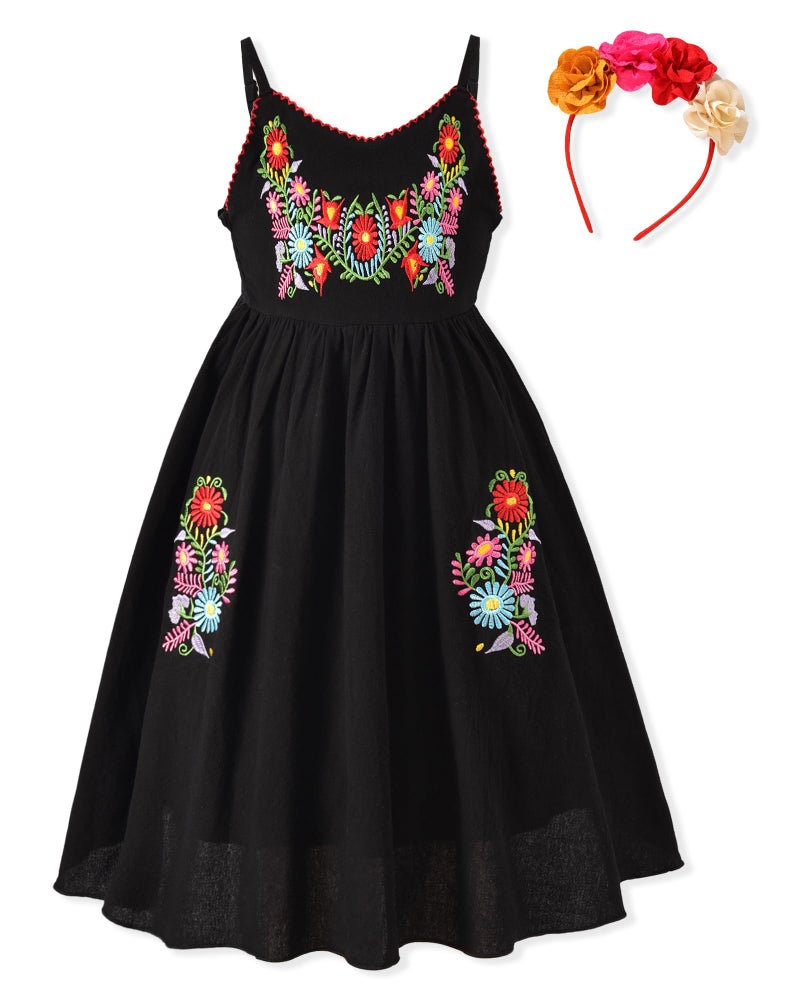 6T Toddler Girls Mexican Embroidered Dress 6X 6Y Little Girls Cinco de Mayo Dresses Sleeveless Floral Dress with Headband Black 67 Years