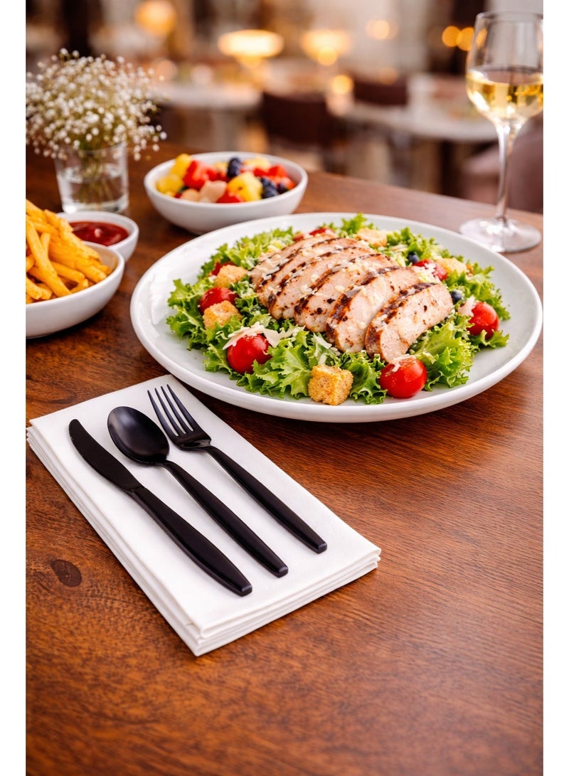 vsell24 Pack of 100 Black Disposable Plastic Cutlery Sets with Napkins – Fork & Knife Set for Parties, Events, Catering & Food Service - Image 4