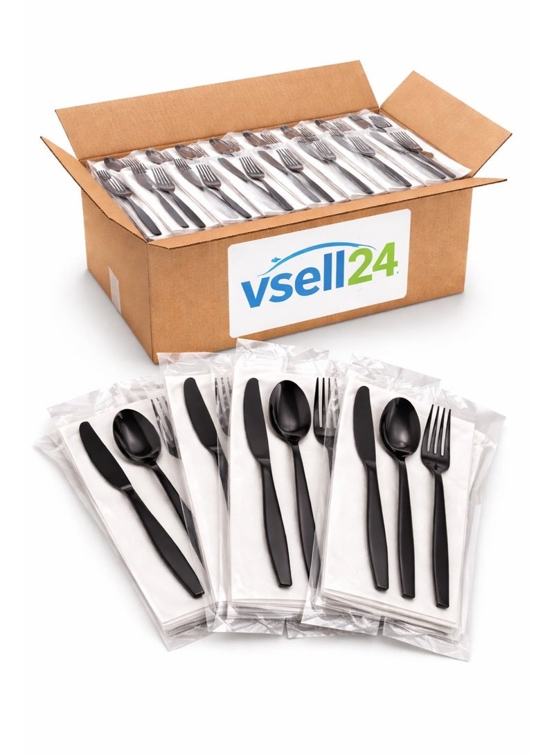 vsell24 Pack of 100 Black Disposable Plastic Cutlery Sets with Napkins – Fork & Knife Set for Parties, Events, Catering & Food Service - Image 3