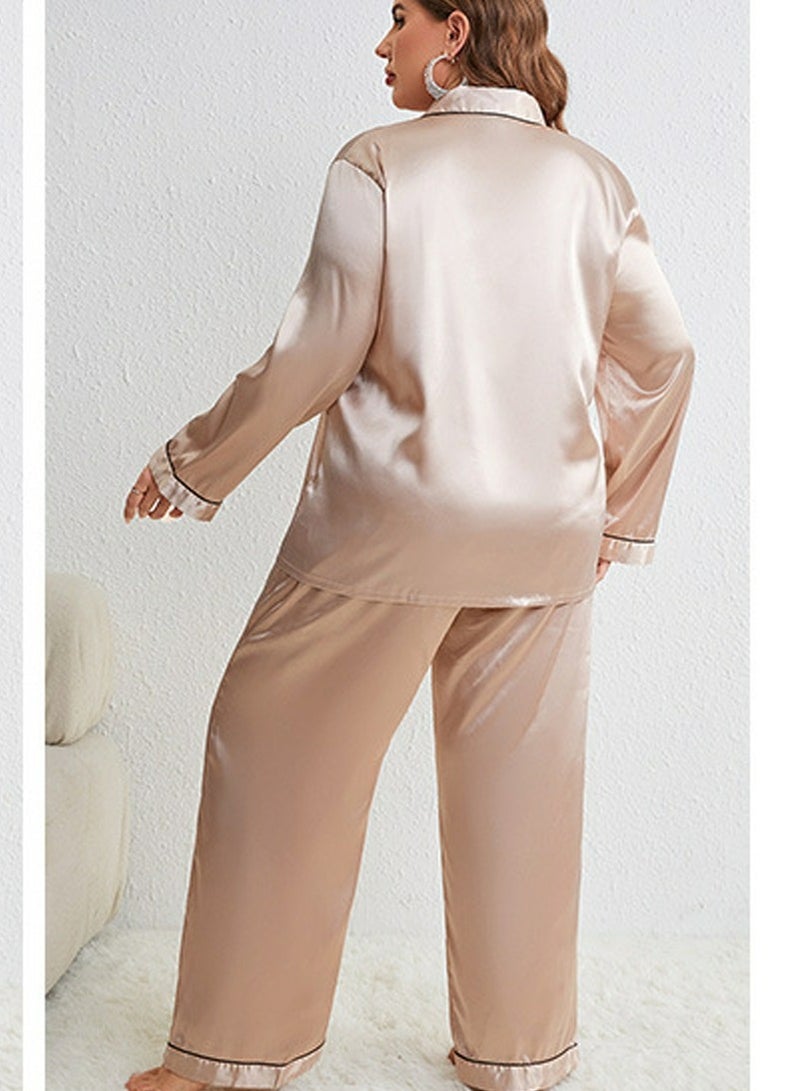 Loquat Women's Imitation Silk Large Size 2-Piece Set Nightgown Sleepwear Long Sleeve Lapel Top And Pants Soft Loungewear Pajamas Suit Champagne - Image 2
