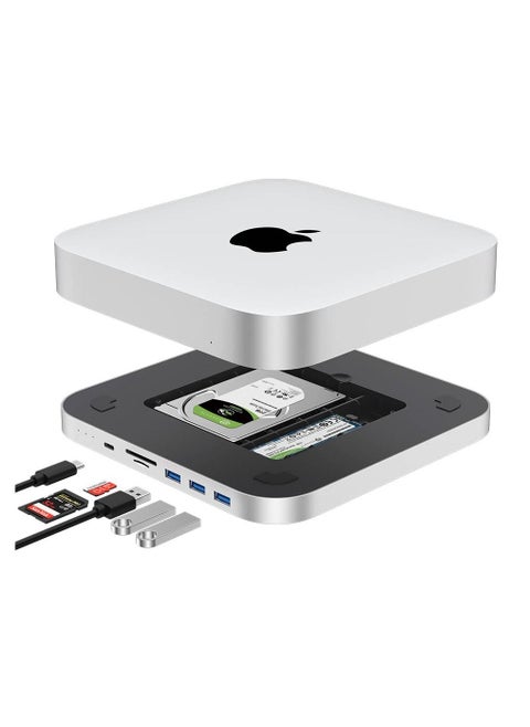 USB C Hub for Mac Mini, Dual Drive Enclosure, Docking Station for Mac Studio Mac Mini M2/M1/Intel, Type-C 10Gbps, Card Readers 100MB/s, Fits M.2 NVMe NGFF SSD & 2.5'' SATA SSD