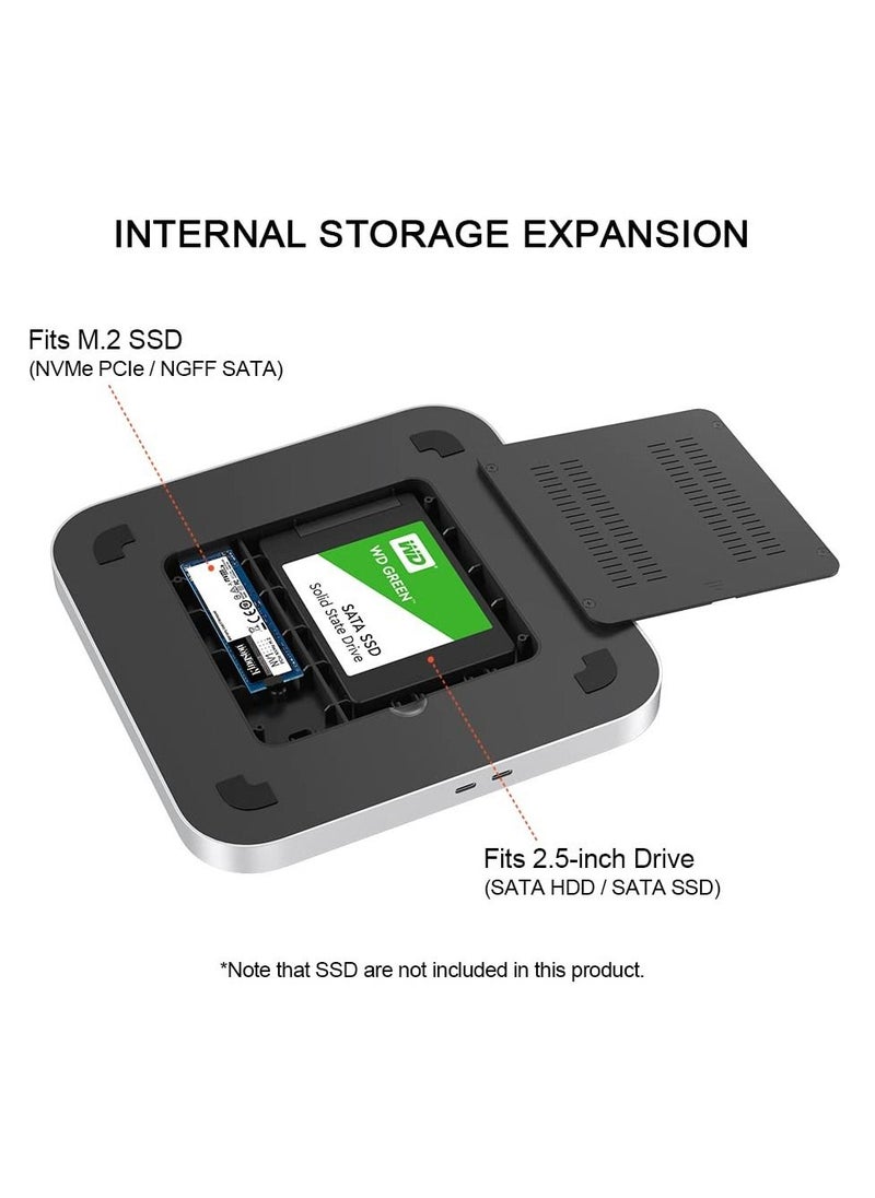 USB C Hub for Mac Mini, Dual Drive Enclosure, Docking Station for Mac Studio Mac Mini M2/M1/Intel, Type-C 10Gbps, Card Readers 100MB/s, Fits M.2 NVMe NGFF SSD & 2.5'' SATA SSD