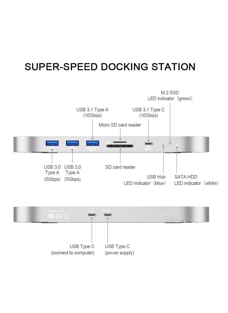 USB C Hub for Mac Mini, Dual Drive Enclosure, Docking Station for Mac Studio Mac Mini M2/M1/Intel, Type-C 10Gbps, Card Readers 100MB/s, Fits M.2 NVMe NGFF SSD & 2.5'' SATA SSD