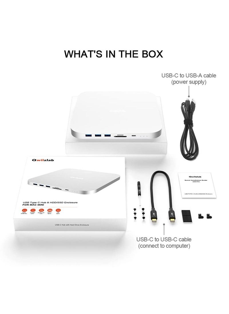 USB C Hub for Mac Mini, Dual Drive Enclosure, Docking Station for Mac Studio Mac Mini M2/M1/Intel, Type-C 10Gbps, Card Readers 100MB/s, Fits M.2 NVMe NGFF SSD & 2.5'' SATA SSD