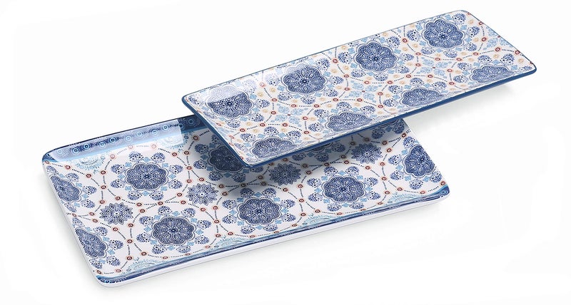 Bico Blue Talavera Ceramic 14 inch Rectangular Serving Platter Set of 2 for Serving Salad Pasta Cheese Ham Appetizer Microwave  Dishwasher Safe