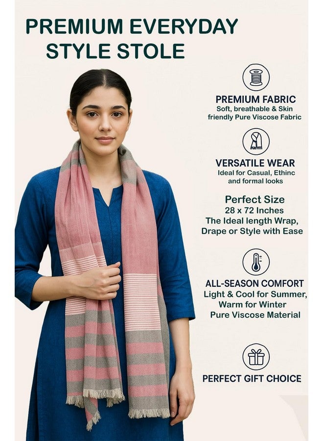 Flyer female Women's Stole/Scarf Colour- Pink & Grey Stylish 100% Soft Viscose Cotton Blend Ethnic Stripes Pattern Scarves Pack Of 1 St-13 - Image 3