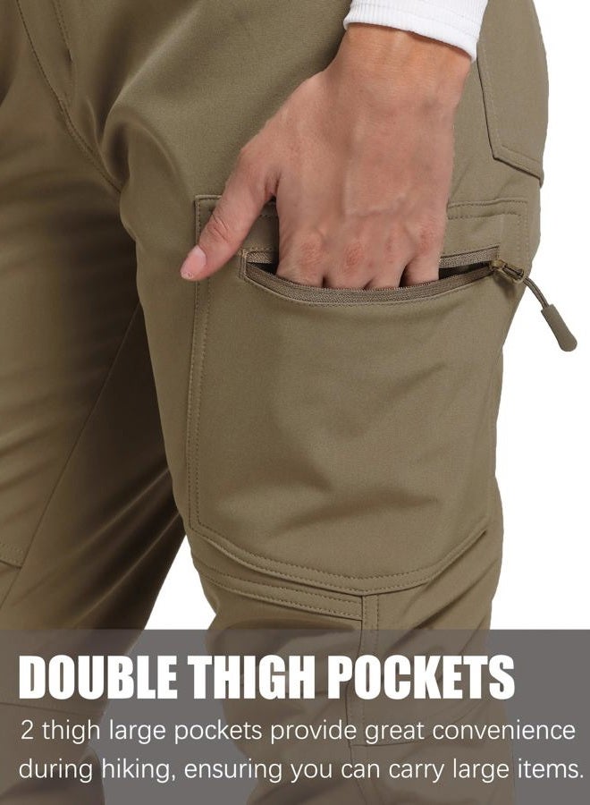LINLANG EN Women's Waterproof Fleece Lined Hiking Pants Insulated Warm Softshell Outdoor Winter Snow Ski Pants, Khaki, M - Image 5