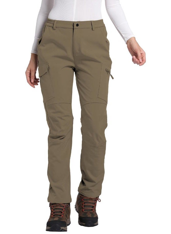 LINLANG EN Women's Waterproof Fleece Lined Hiking Pants Insulated Warm Softshell Outdoor Winter Snow Ski Pants, Khaki, M - Image 1