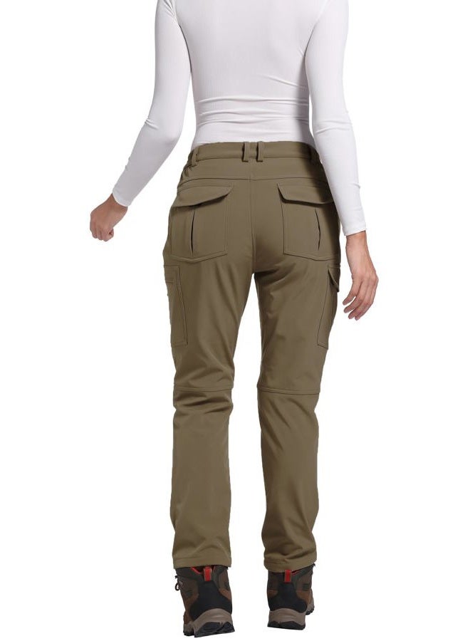 LINLANG EN Women's Waterproof Fleece Lined Hiking Pants Insulated Warm Softshell Outdoor Winter Snow Ski Pants, Khaki, M - Image 2